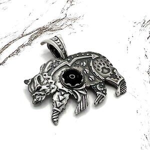 American West Black Agate Bear 925 Sterling Silver Enhancer Pendant